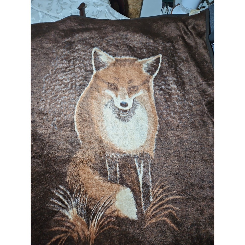 Fuzzy Plush Fox Blanket Reversible Fleece Safari Weavers Woodlands 60x50 Vintage